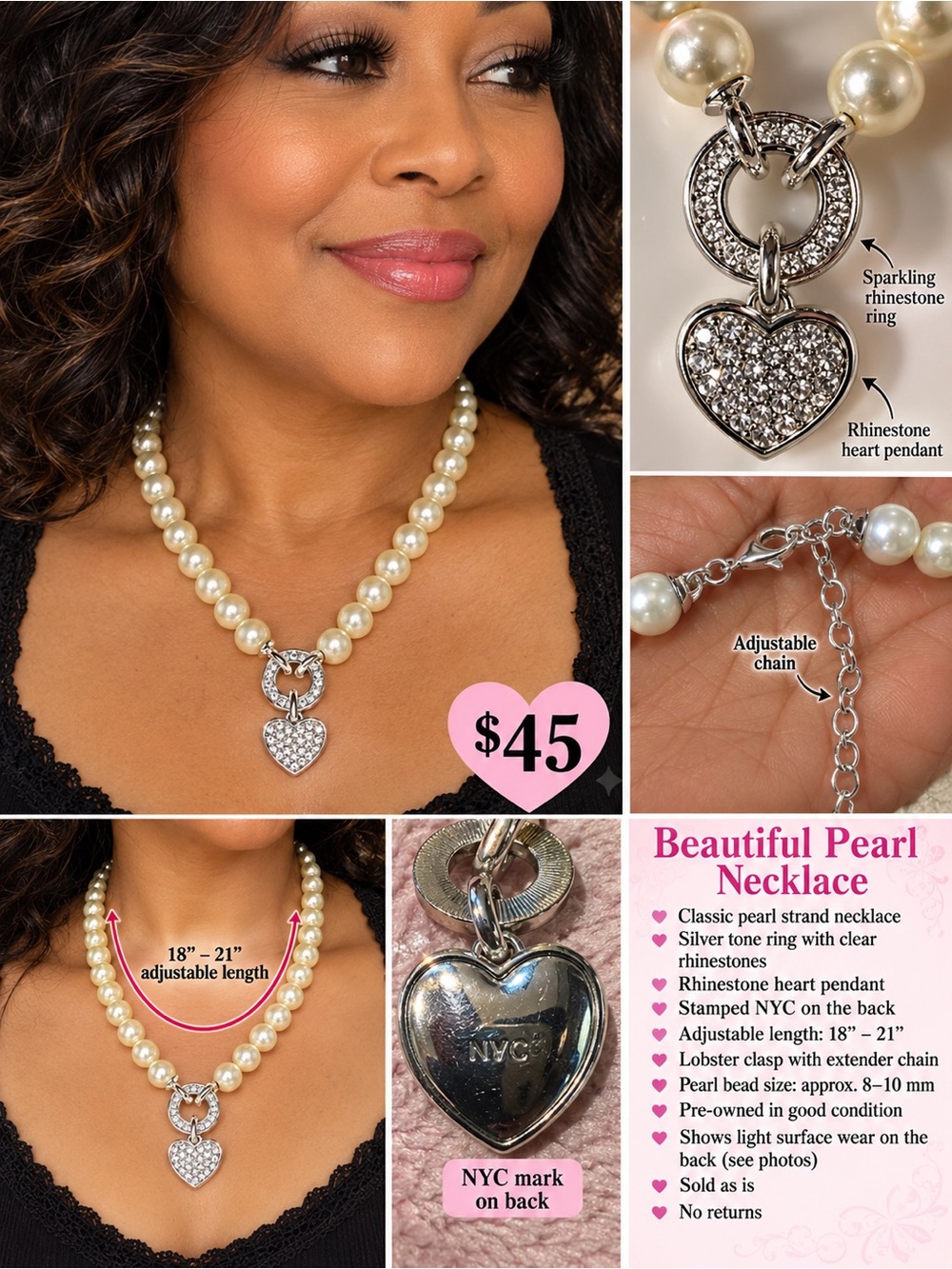 Cream Pearl Necklace with Rhinestone Heart Pendant
